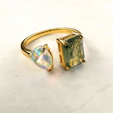 Ring Moosachat und Opal, vergoldet, verstellbar