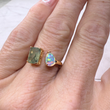 Ring Moosachat und Opal, vergoldet, verstellbar