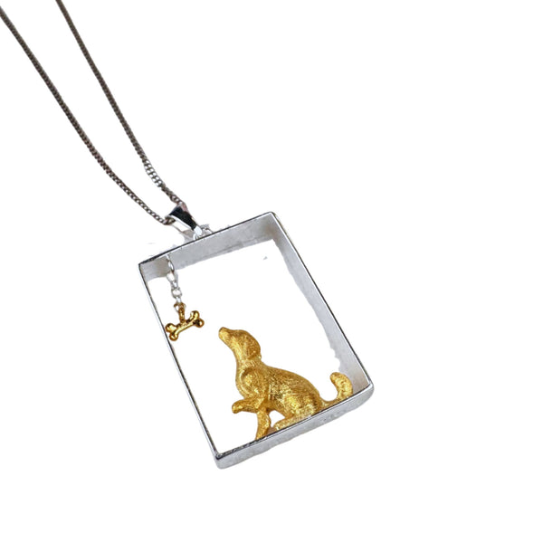 super-süsser Hund mit Knochen Anhänger, mit/ohne Kette,  Silber925 - Gold plattiert