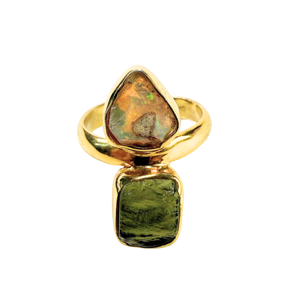 Ring Moldavit - australischer Opal, Gold plattiert, verstellbar