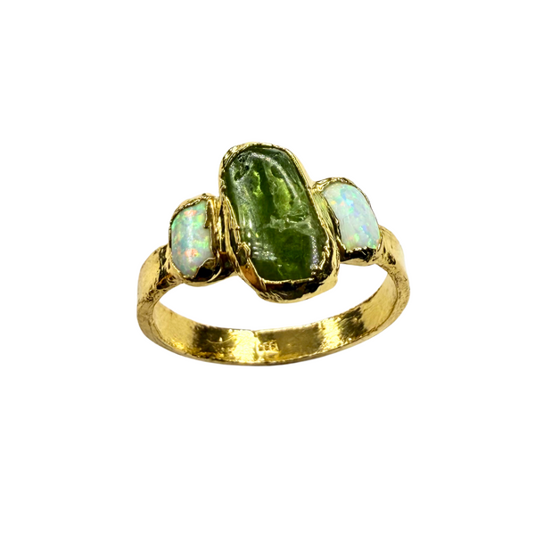 Ring Peridot - 2 Opale, Gold plattiert, Größe 61