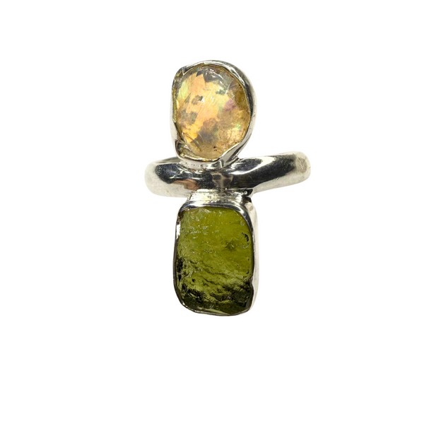Ring Moldavit - australischer Opal, Silber, verstellbar