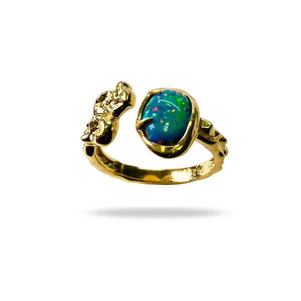 Vergoldeter Ring mit Feueropal – 925 Silber mit 24k Goldplattierung, verstellbar & handgemacht