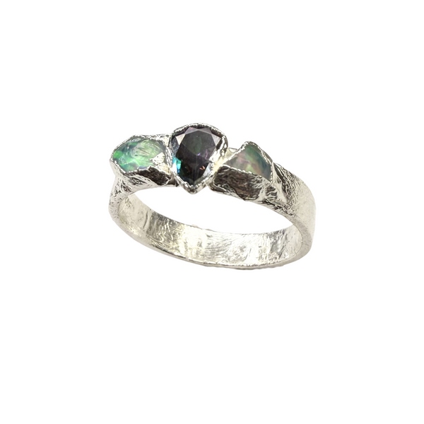 Ring Mystik Topas - 2 Roh Opale, Silber, Größe 56