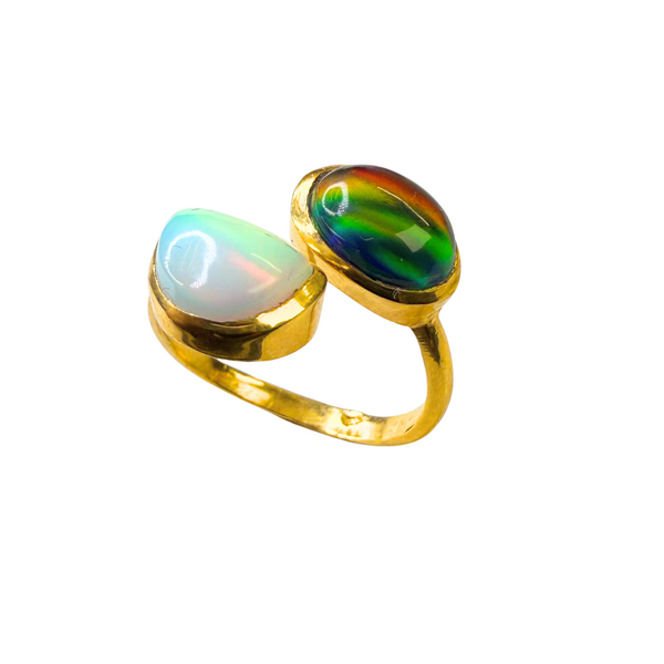 Ring white/black Aurora Opale, Gold plattiert, verstellbar
