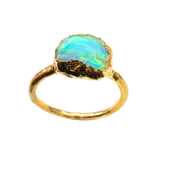 Ring Roh Opal aus Mexiko, Gold plattiert, Größe 56