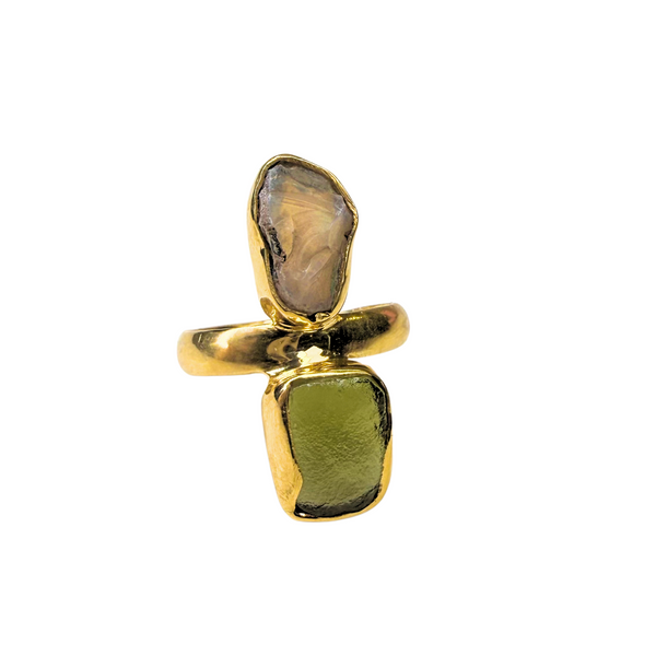 Ring Moldavit - australischer Opal, Gold plattiert, verstellbar