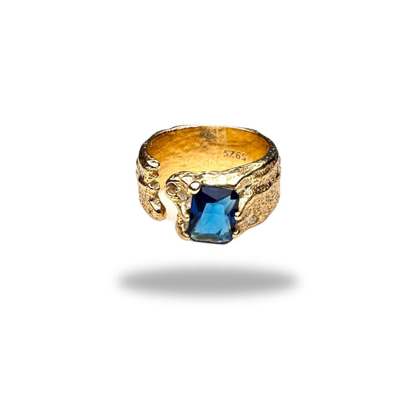 Breiter Ring mit blauem Zirkonia, Gold plattiert, verstellbar