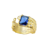 Breiter Ring mit blauen Zirkonia, Silber durchscheinend - leicht 24k vergoldet, verstellbar