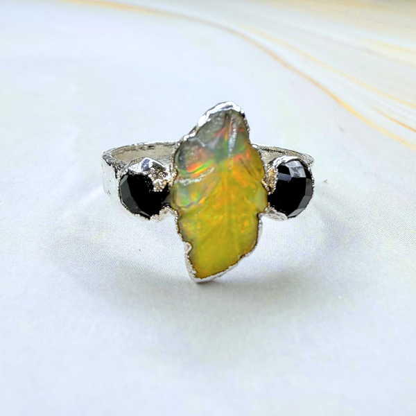 black raw crystal opal pendant with chain, silver 999