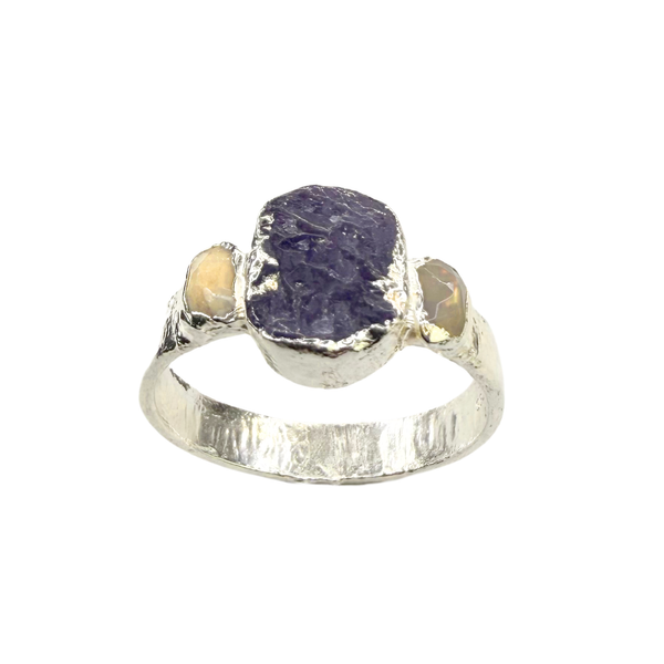 black raw crystal opal pendant with chain, silver 999