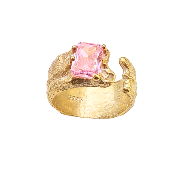 Breiter Ring mit Rosa Zirkonia, Silber durchscheinend - leicht 24k vergoldet, verstellbar
