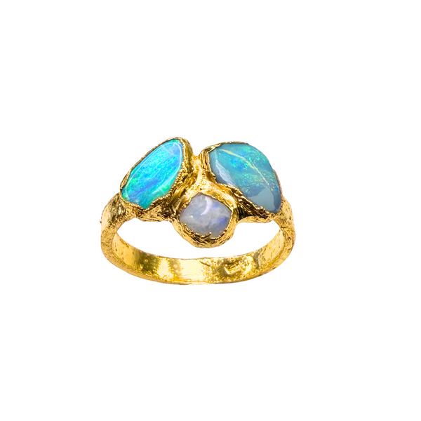 Ring 2 australische Opale - Mondstein, Gold plattiert, Größe 58