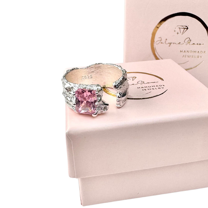 Breiter Ring mit Rosa Zirkonia, Silber925, verstellbar