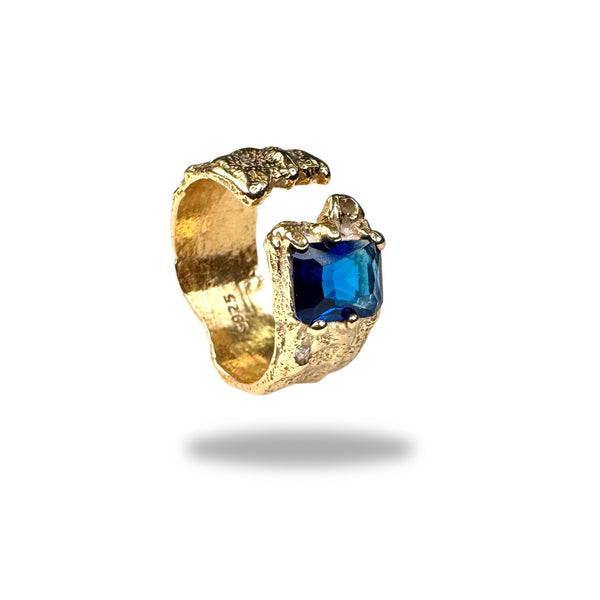 Breiter Ring mit blauem Zirkonia, Gold plattiert, verstellbar