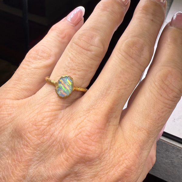 Ring Roh Opal aus Mexiko, Gold plattiert, Größe 52