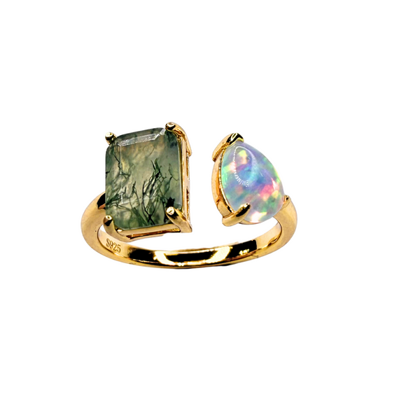 Ring Moosachat und Opal, vergoldet, verstellbar