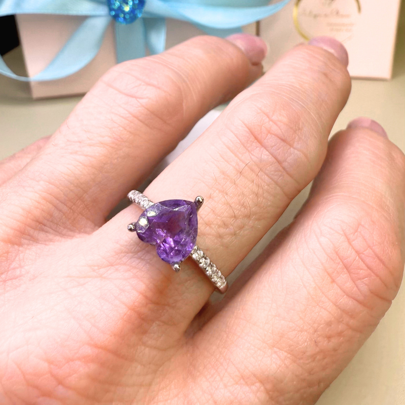 Ring Herz Amethyst, Silber, verstellbar
