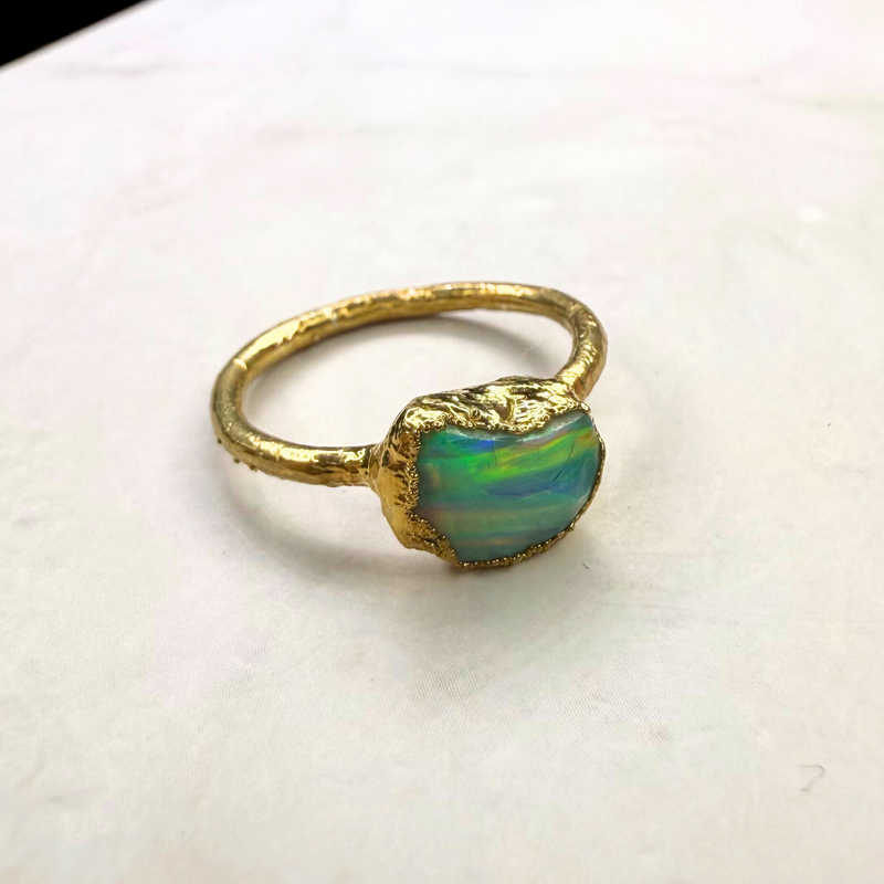 Ring Roh Opal aus Mexiko, Gold plattiert, Größe 56