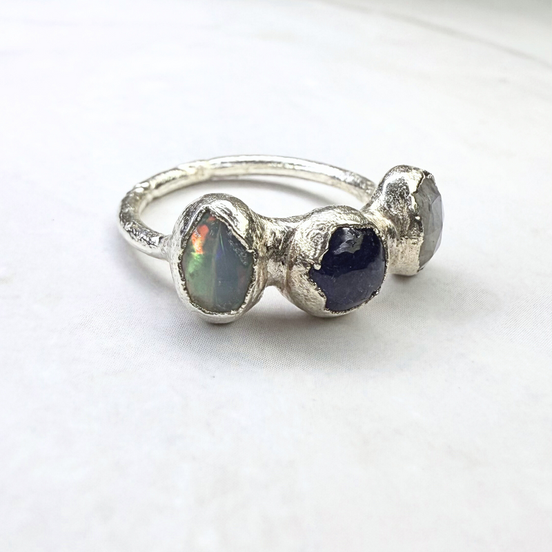 Ring Opal - Saphir - Mondstein, Silber999, Größe 53
