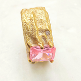 Breiter Ring mit Rosa Zirkonia, Silber durchscheinend - leicht 24k vergoldet, verstellbar