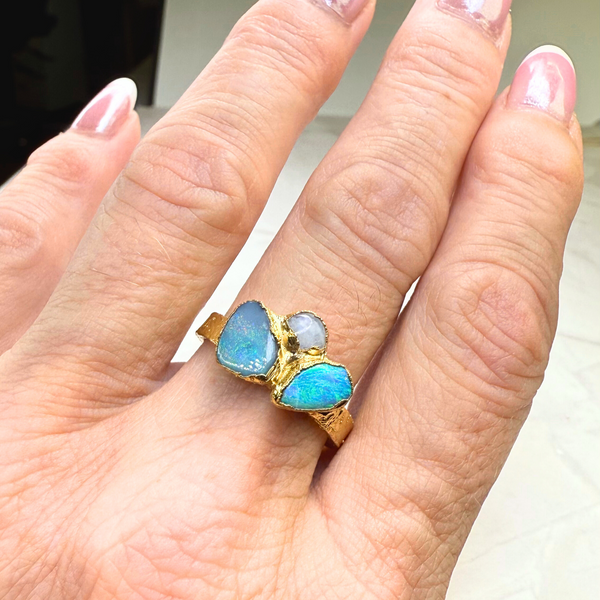 Ring 2 australische Opale - Mondstein, Gold plattiert, Größe 58