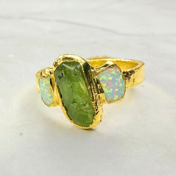 Ring Peridot - 2 Opale, Gold plattiert, Größe 61