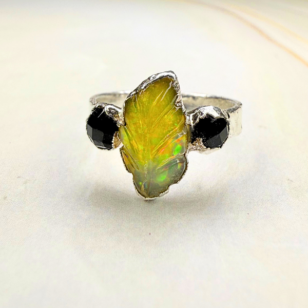 black raw crystal opal pendant with chain, silver 999