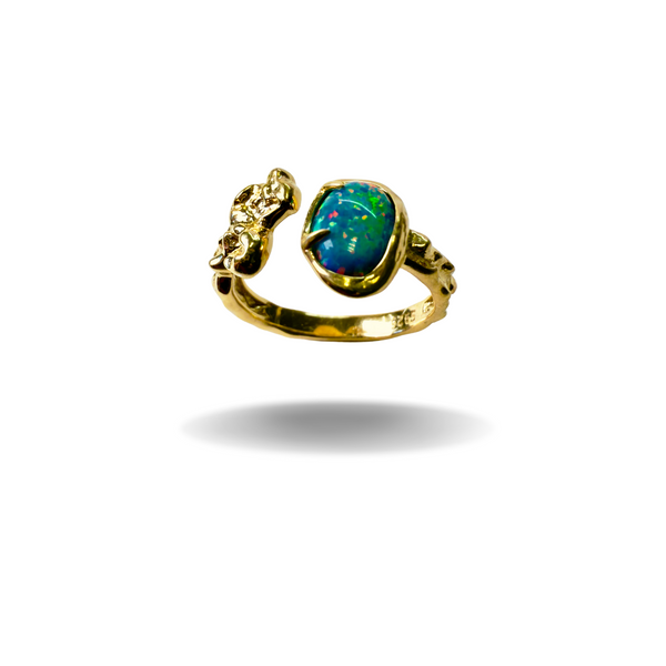 Vergoldeter Ring mit Feueropal – 925 Silber mit 24k Goldplattierung, verstellbar & handgemacht