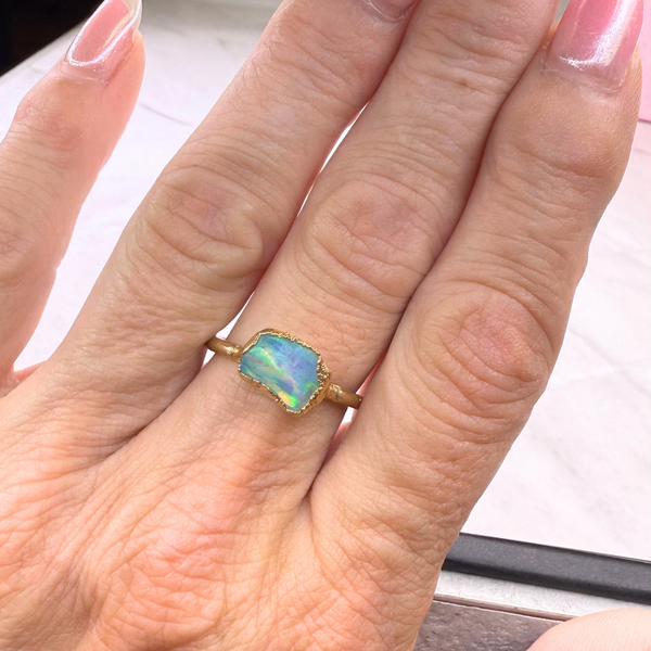 Ring Roh Opal aus Mexiko, Gold plattiert, Größe 56