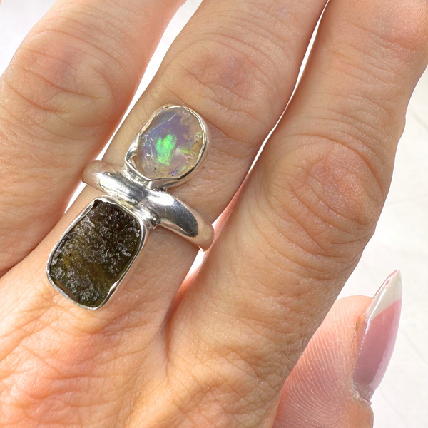 Ring Moldavit - australischer Opal, Silber, verstellbar