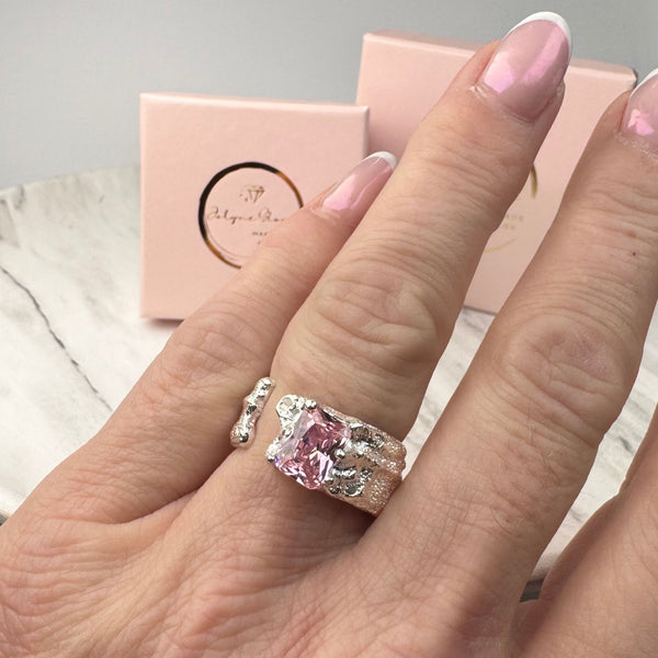 Breiter Ring mit Rosa Zirkonia, Silber925, verstellbar