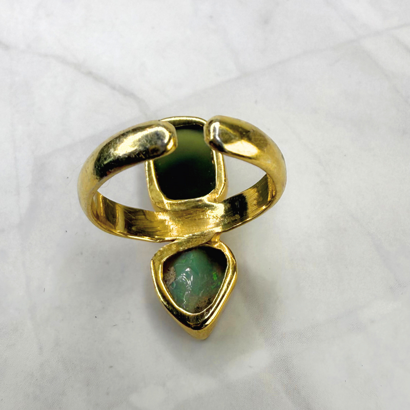 Ring Moldavit - australischer Opal, Gold plattiert, verstellbar