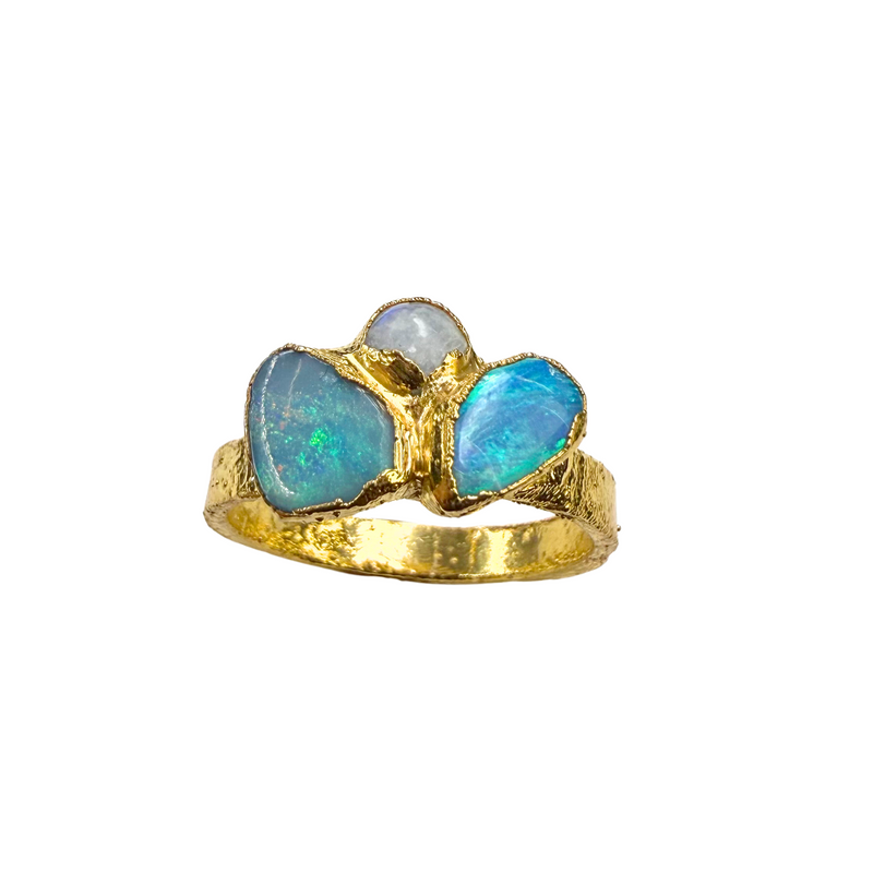 Ring 2 australische Opale - Mondstein, Gold plattiert, Größe 58