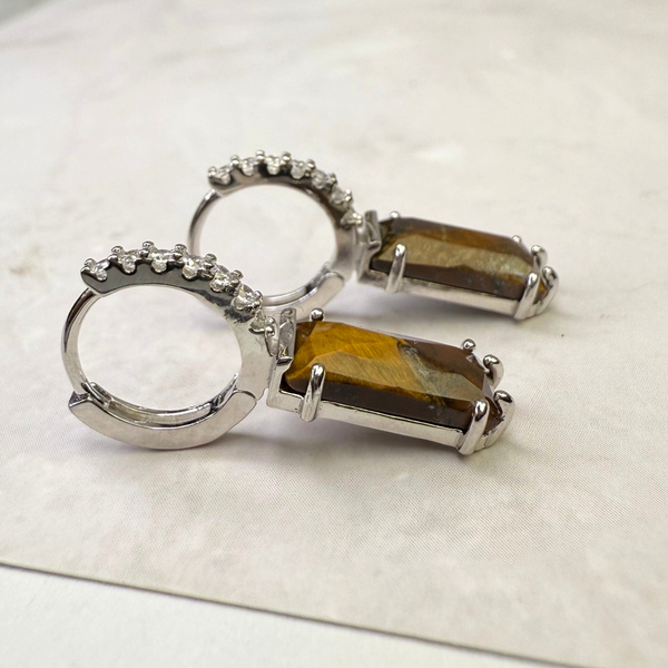 Creolen Ohrringe fester Anhänger mit Tigerauge -Zirkonia, Silber