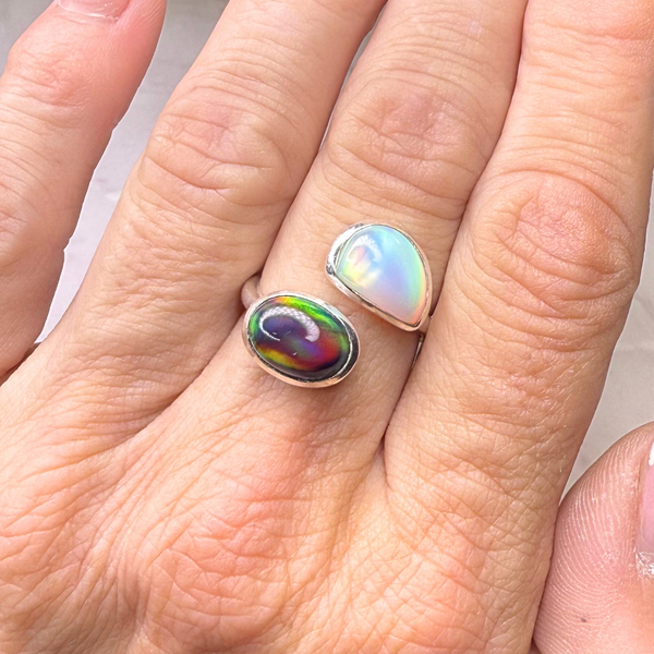 Ring white/black Aurora Opale, Silber, verstellbar