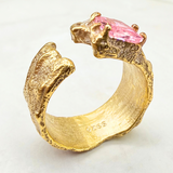 Breiter Ring mit Rosa Zirkonia, Silber durchscheinend - leicht 24k vergoldet, verstellbar