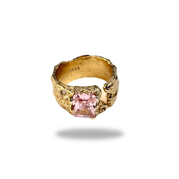 Breiter Ring mit Rosa Zirkonia , Gold plattiert, verstellbar
