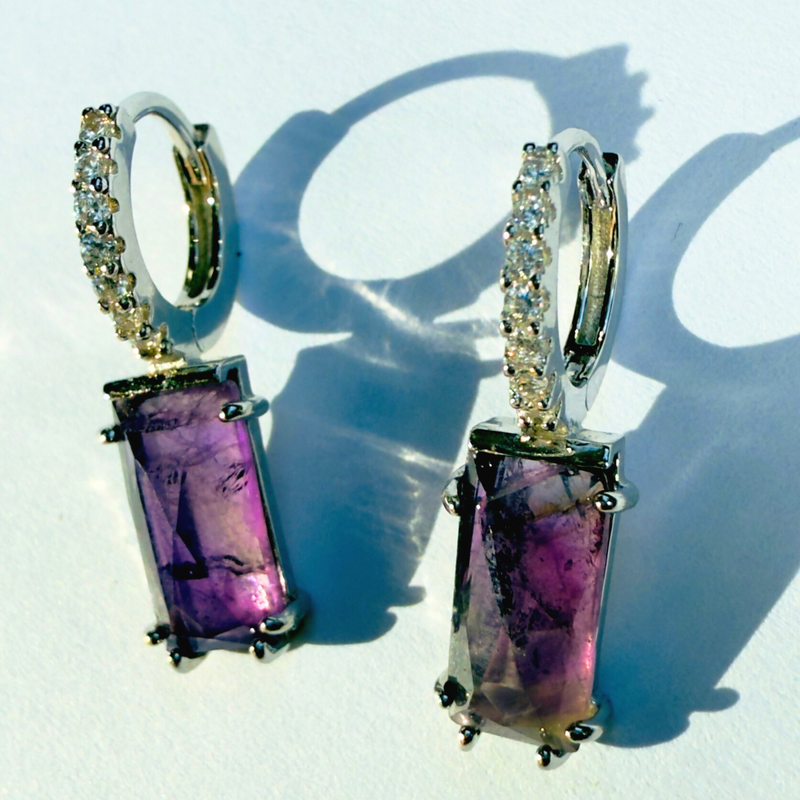 Creolen Ohrringe fester Anhänger mit Amethyst -Zirkonia, Silber