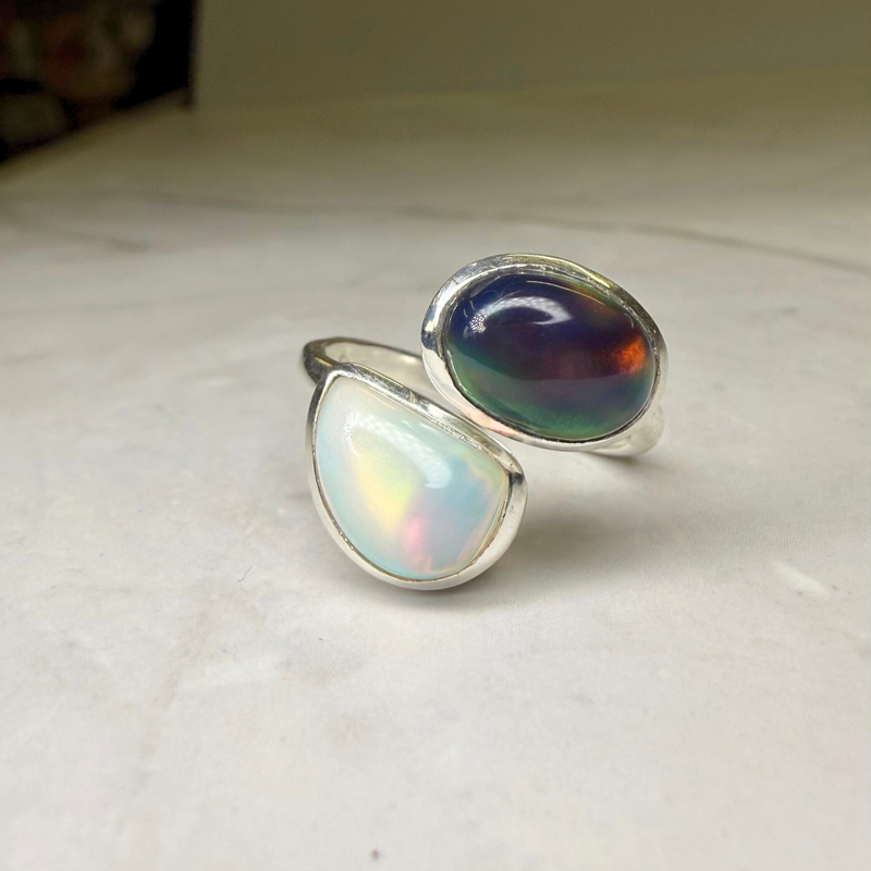 Ring white/black Aurora Opale, Silber, verstellbar