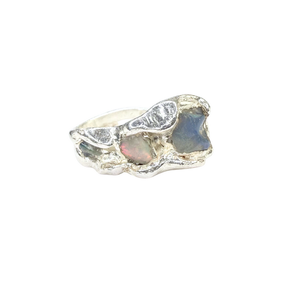 Ring mit 3 australischen Roh Opalen, präsent, Silber, verstellbar
