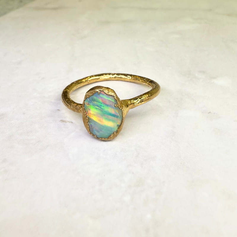 Ring Roh Opal aus Mexiko, Gold plattiert, Größe 52