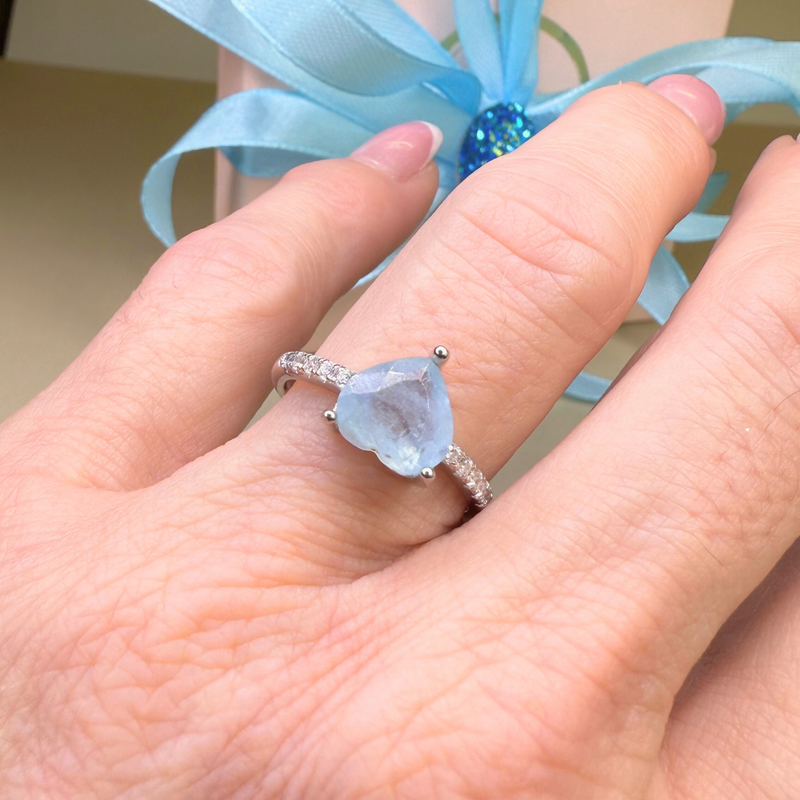 Ring Herz Aquamarin, silber, verstellbar
