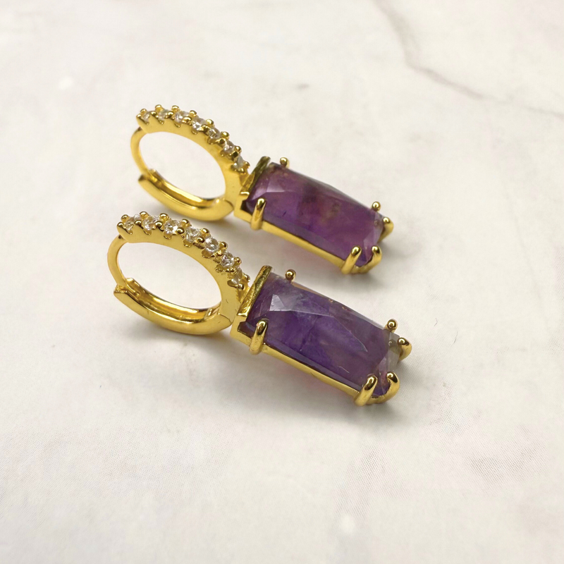 Creolen Ohrringe fester Anhänger mit Amethyst -Zirkonia, vergoldet