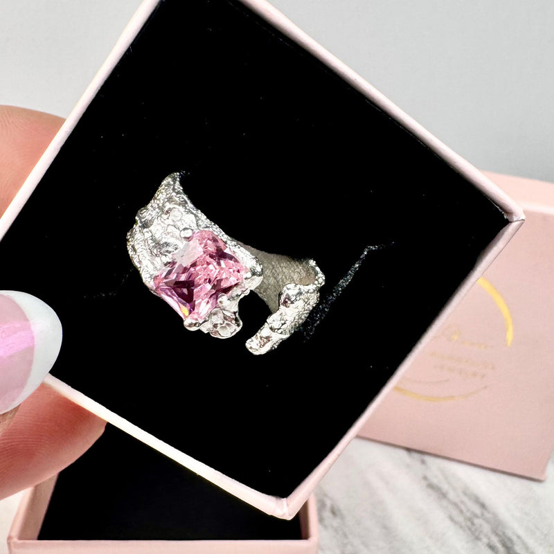 Breiter Ring mit Rosa Zirkonia, Silber925, verstellbar