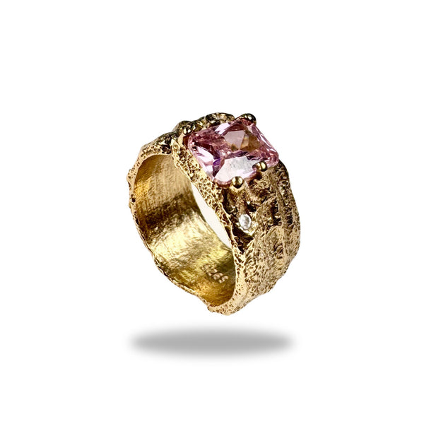 Breiter Ring mit Rosa Zirkonia , Gold plattiert, verstellbar