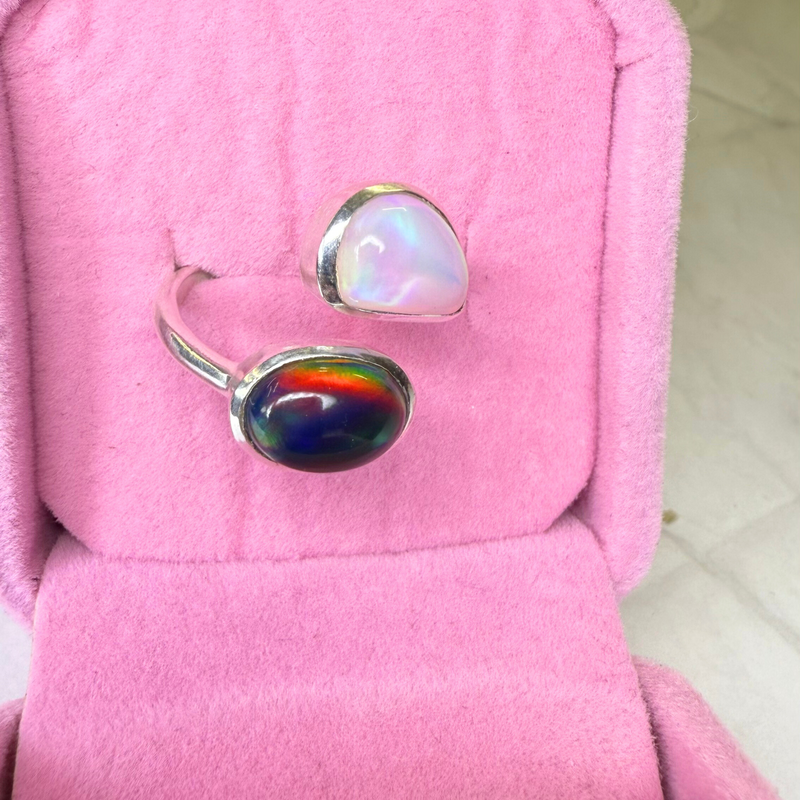 Ring white/black Aurora Opale, Silber, verstellbar