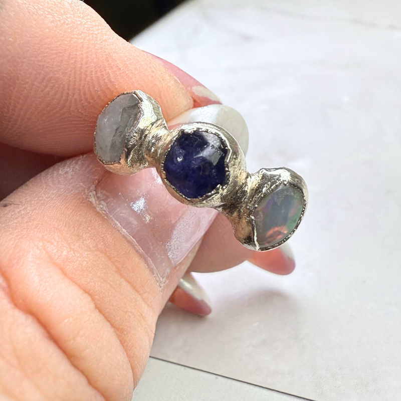 Ring Opal - Saphir - Mondstein, Silber999, Größe 53