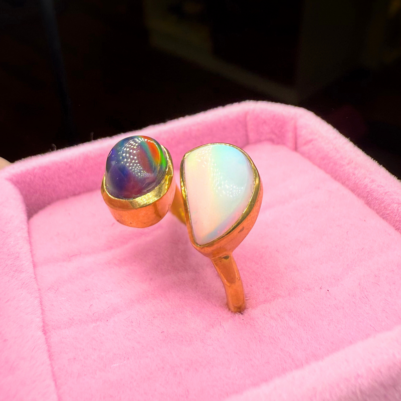 Ring white/black Aurora Opale, Gold plattiert, verstellbar