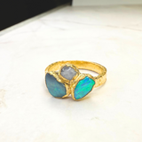 Ring 2 australische Opale - Mondstein, Gold plattiert, Größe 58